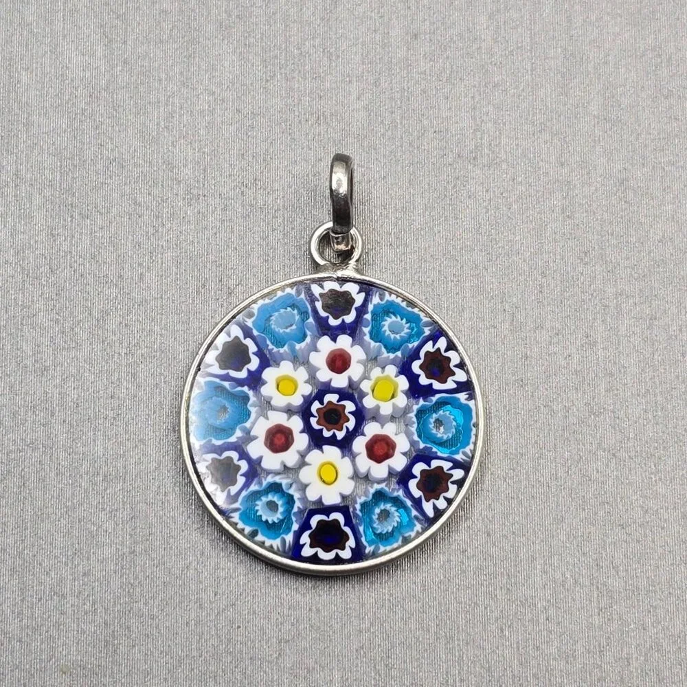 Murano Glass Millefiori Pendant 1" Sterling Silver Blue White Italy Signed PD - Picture 3 of 9